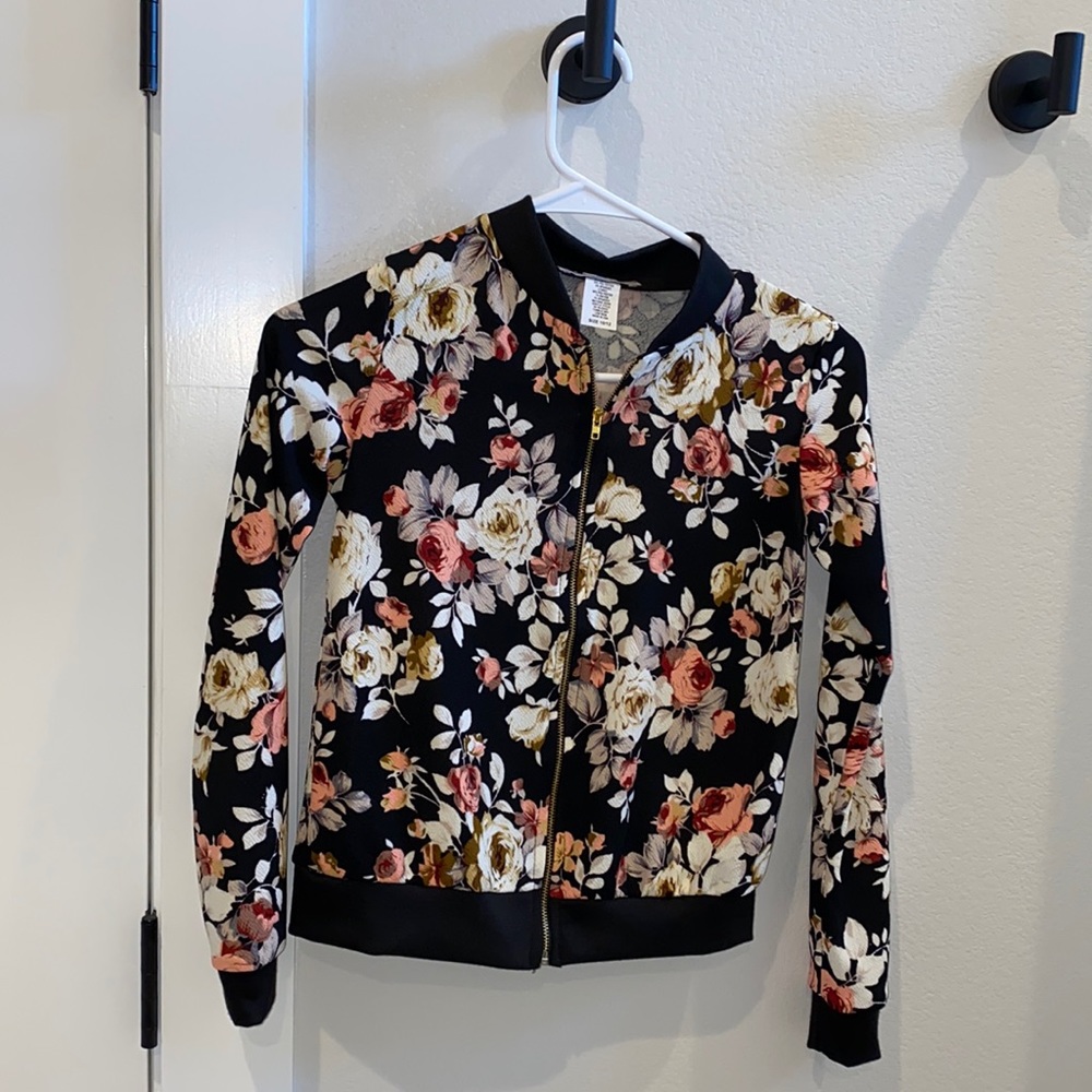 EUC Size 10/12 10 12 Girls Boho Flower Floral Lightweight Bomber Jacket Coat
